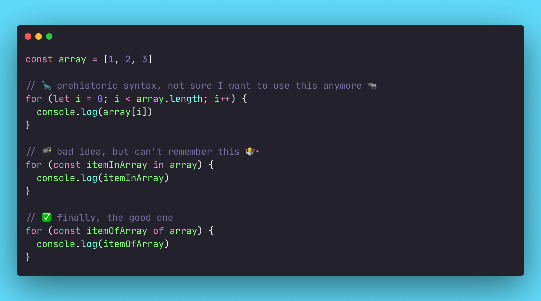 I can't write a JavaScript for loop, and it does not matter